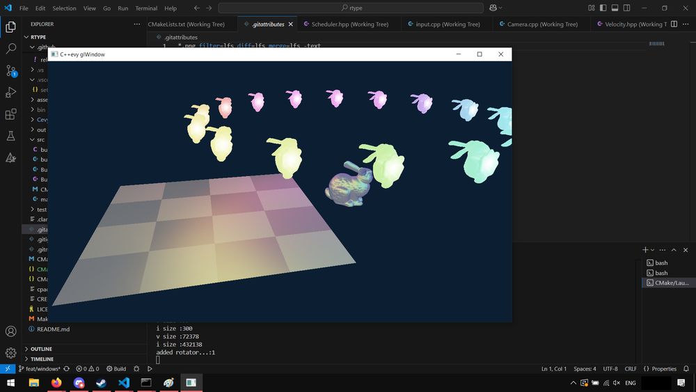 desktop screenshot of a window of cevy engine over vs-code and a windows taskbar