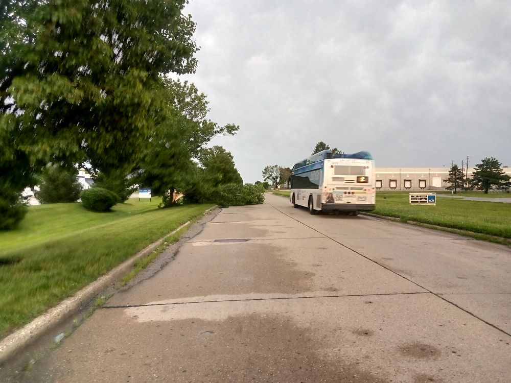 Recent storm has split trunk of tree growing on north side of road. Large portion of tree has fallen across westbound lane of East 33rd Street, East of Franklin Road, shortly after 6 p.m. Wednesday, June 18, 2025.