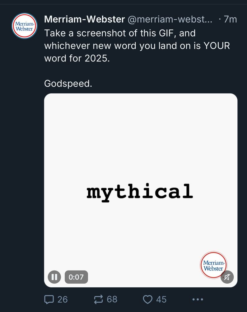 Screenshot of the tweet below. My word is “mythical.”