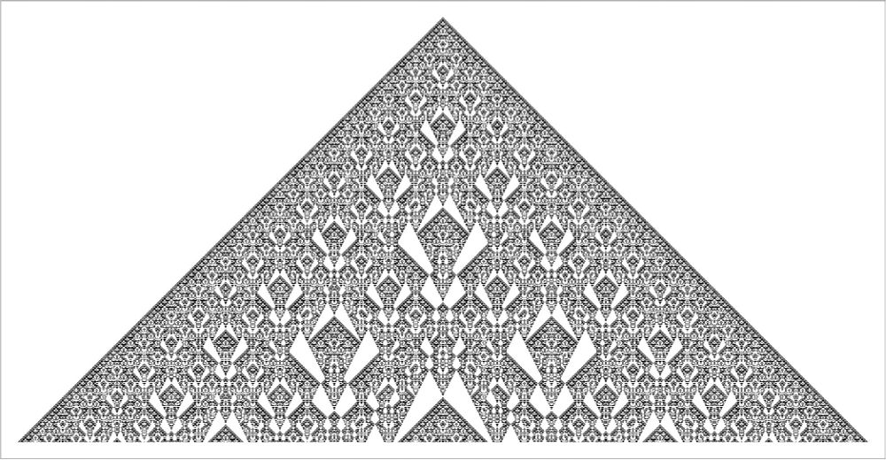An intricate black and white photo of a resulting pattern in a triangle shape.  Reminiscent of lace or other creative patterned textiles