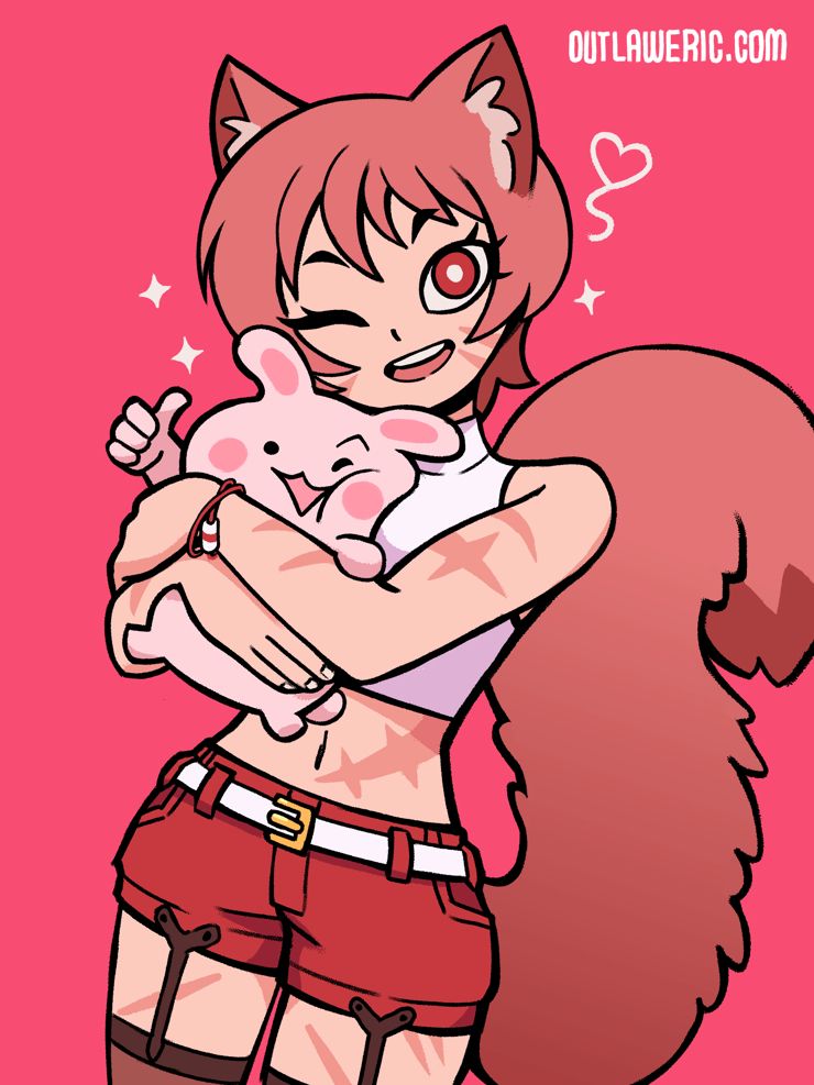 Illustration of a cute cat girl hugging a small pink rabbit-like creature
