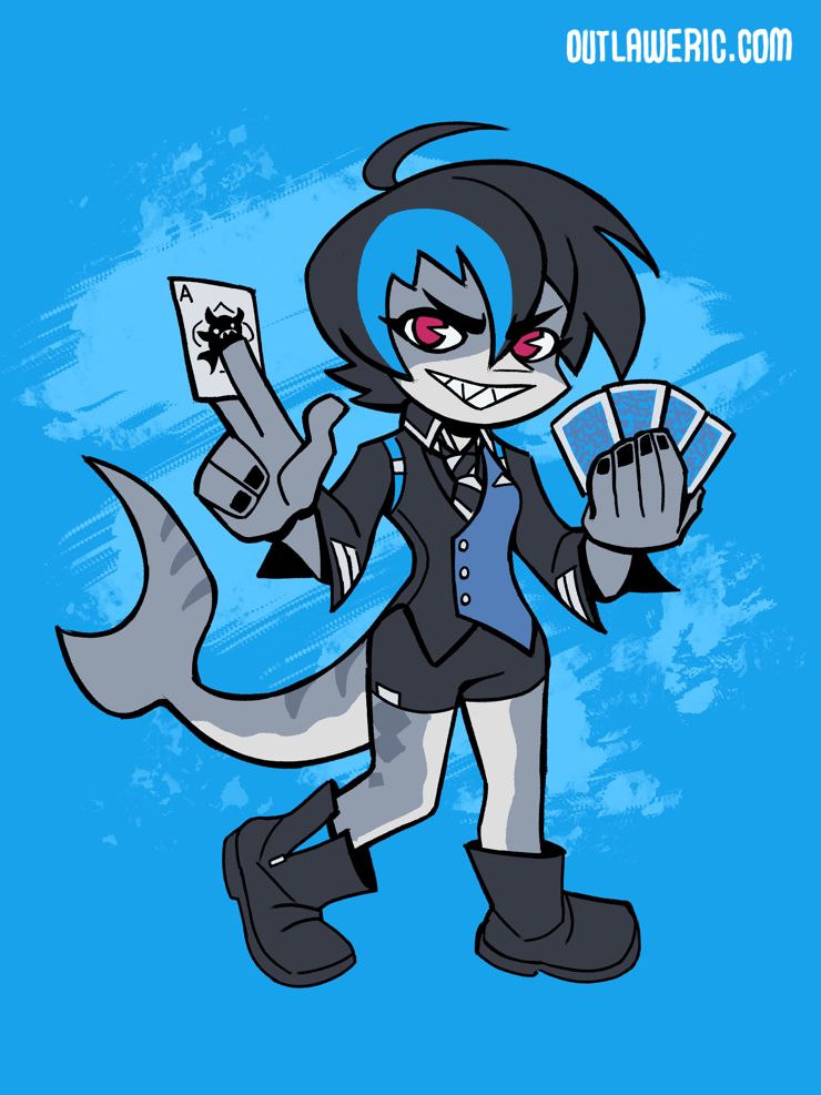 A character drawing of a shark girl wielding playing cards as a weapon