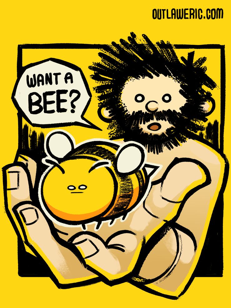 A sketchy comic style drawing of Barry Kramer, He is offering you a bee.