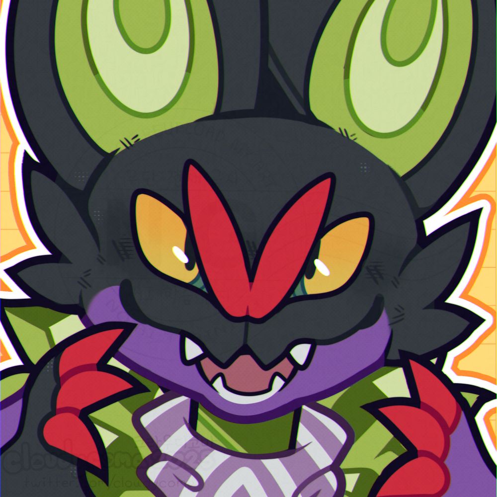 A forward facing Noivern headshot. A wyvern-like Pokemon with green fur, black scales with purple underbelly, bit ears with green innereds, and a white and light purple scarf. They have a mischievous grin with bright yellow-orange eyes, and a pointed, toothy smile. Their red wing-claws look like they're reaching out to grab you.