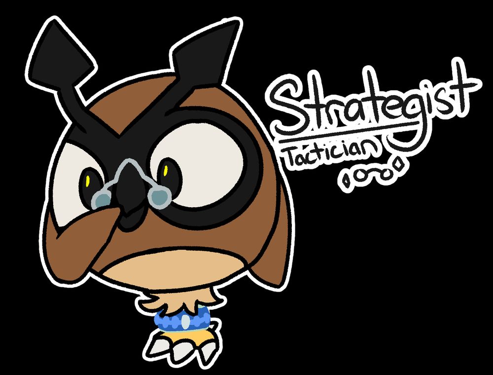 A Pokemon character design of Hoothoot, an orb-like Owl Pokemon who stands on one foot. They wear a looplet, an item from Pokemon Mystery Dungeon Super, and small circular glasses on their beak. They adjust their glasses with one of their wings. The text 'Strategist' and in smaller text 'Tactician' appear in black text with a white boarder (these are it's class and subclass)