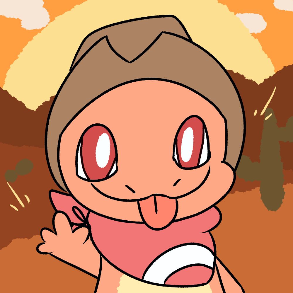 A rootin' tootin' cowboy charmander wearing a cowboy hat and bright red bandana with a white semi-circle stripe. They have orange-red scales with a cream colored underbelly, bright red eyes with white irises. They stand in a desert with a bright sundown sun behind them and a couple cacti dotting the background 