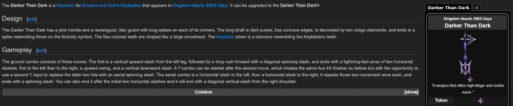 The KH Wiki page for the "Darker Than Dark" Keyblade from Kingdom Hearts 358/2 Days for the Nintendo DS.