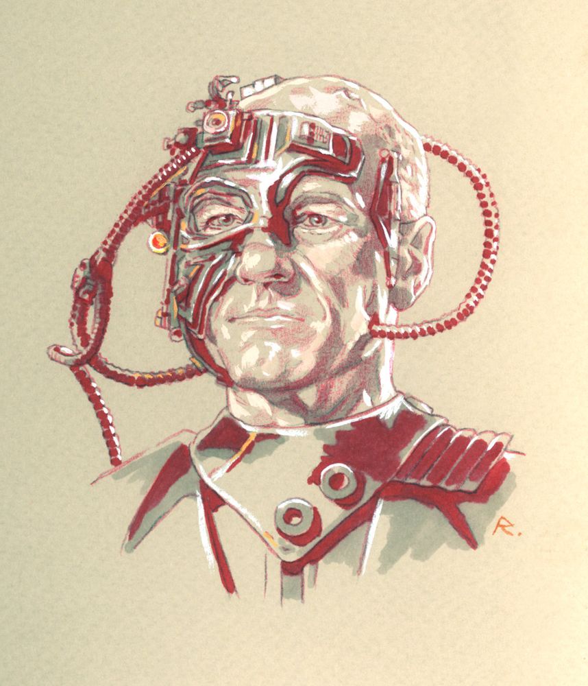 Illustration. A bald man has a mask partially obscuring his face with pipes running around it.
