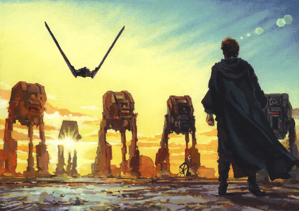 Painting. A man stands confronting a range of large mechanical monster like vehicles as the sun sets behind them. A winged spaceship hovers above.