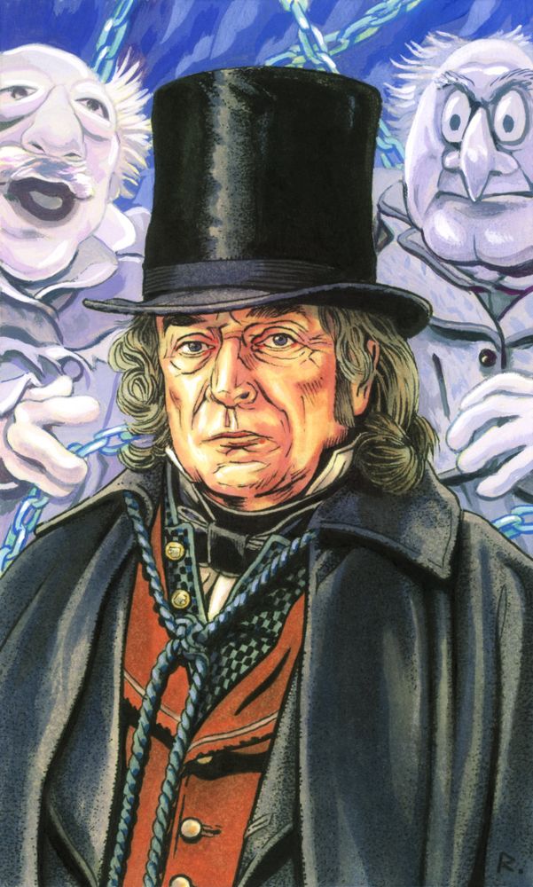 Illustration. A severe looking man in big top hat and cloak stares towards us while two odd looking pale men (who are ghosts) watch him.