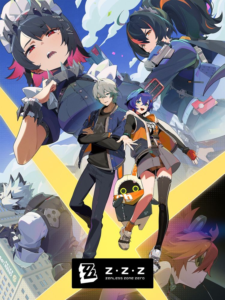 Protagonists Wise and Belle with their Bangboo, Eous posting in the front, while you have Ellen, Zhu Yuan, Lycaon and Koleda in the back.