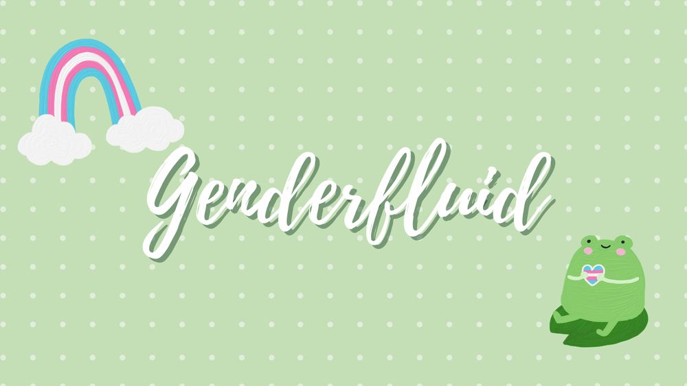 centered in the image is the word "Genderfluid" over a light green background with white dots. in the bottom right corner is a green frog, sitting on a lily pad and holding a transgender flag heart. in the top left corner is a transgender flag rainbow.