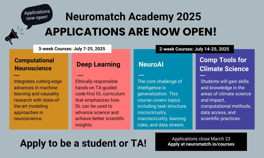 Applications are now open! 3-week courses: Comp Neuro and Deep Learning. 2-week courses: NeuroAI and Comp Tools for Climate Science. 