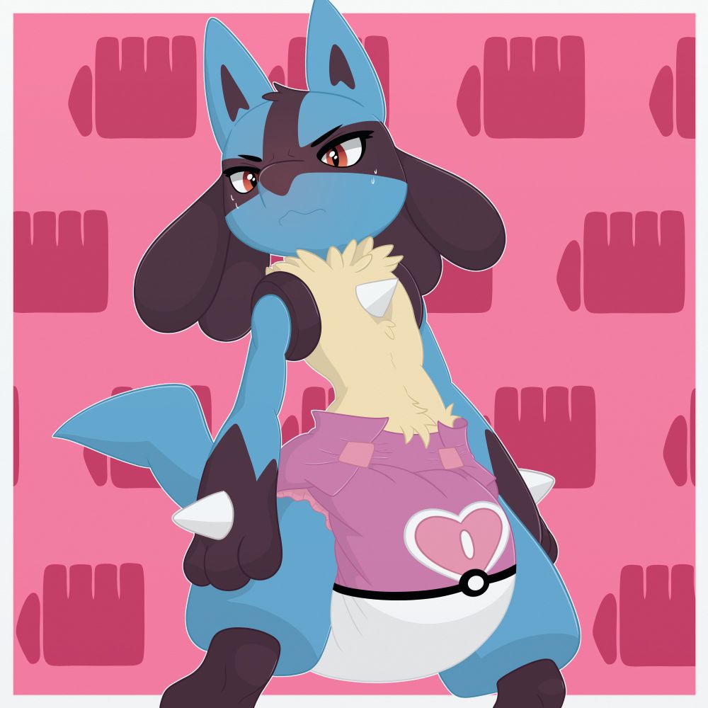 A Lucario in a Love Ball themed diaper. It seems mildly perturbed at this arrangement. The post's caption is some reference only the artist and like three other people will get (it isn't even funny).