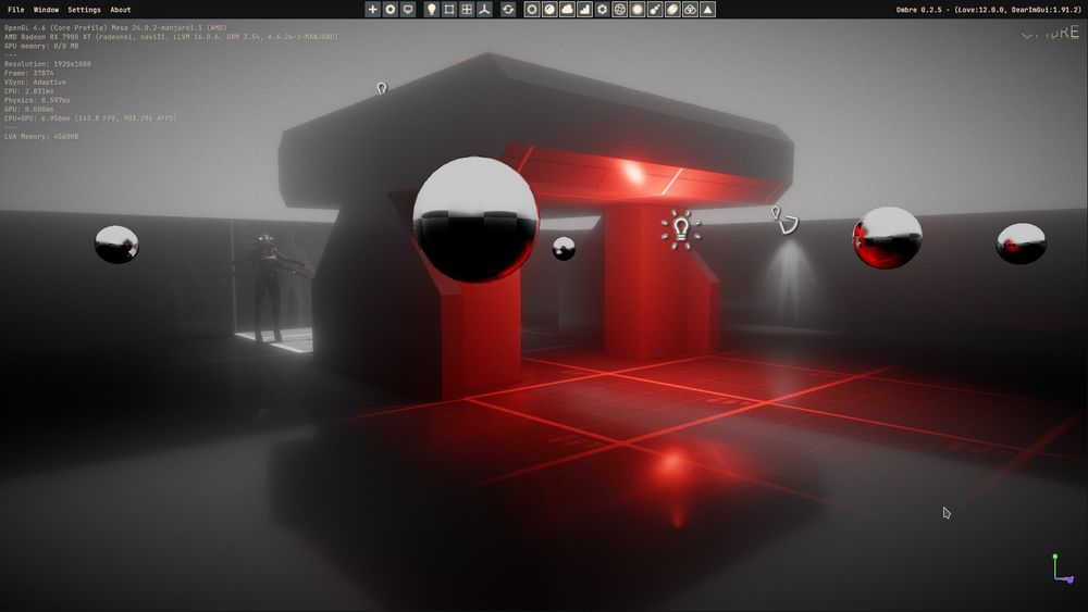 Image of my game engine Ombre showing a structure in the middle of a gray room being reflected. A bright red light is visible in its center. The sky is light gray and gives a hazy atmosphere.