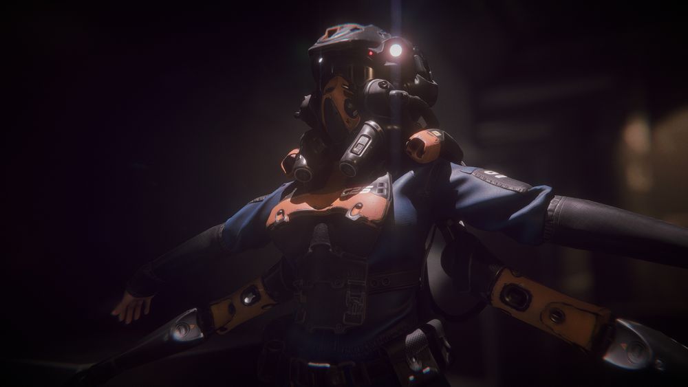 Screenshot of my game engine Ombre showing a close-up on a character wearing a scifi armor.