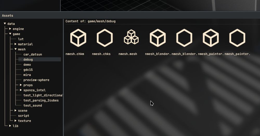 Screenshot of my game engine showing a close-up of the Assets window, divided in two section. On the left is a tree view, on the right is a list of object in the currently selected folder.
