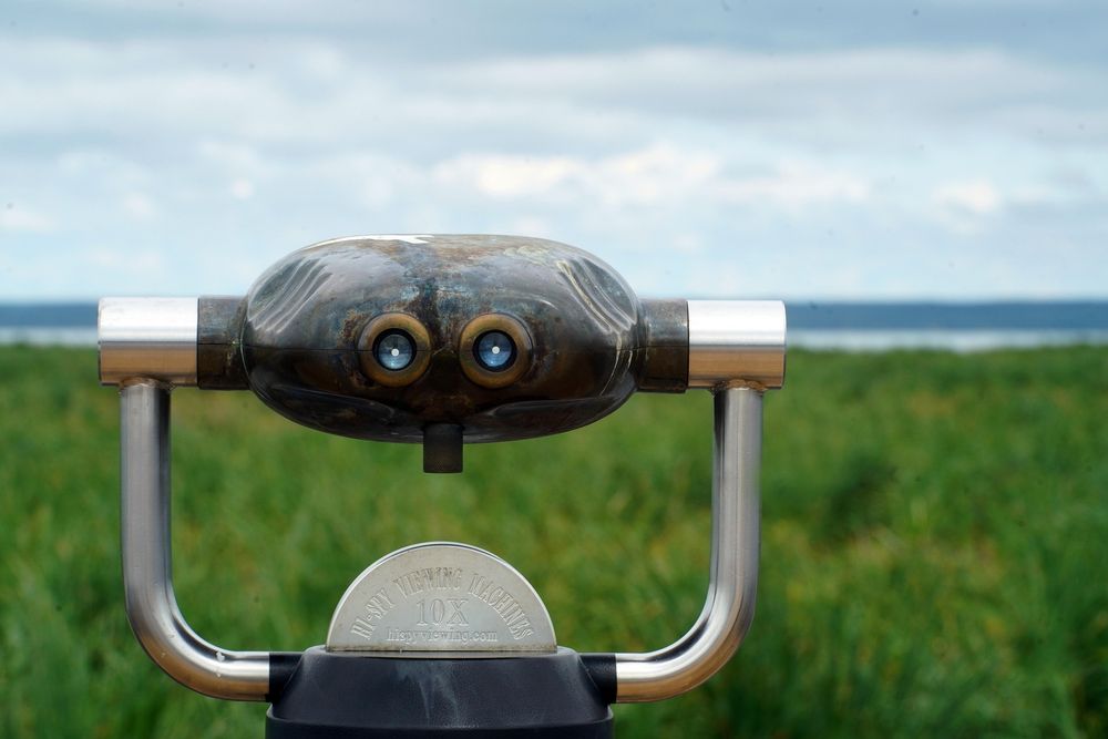 Das Bild zeigt ein Fernglas, das als Metapher für die Notwendigkeit einer genauen und kritischen Betrachtung der aktuellen Entwicklungen in der Open-Access-Transformation dient. Es ist ein metallenes Fernglas, das Anzeichen von Abnutzung aufweist. Es steht auf einem schwarzen Sockel, auf dem in geschwungenen Buchstaben "Hi-sty Viewing Machines 10X" und darunter "hispyviewing.com" steht. Durch die zwei kleinen, blauen Linsen des Fernglas blickt man auf eine grüne Wiese, die sich bis zum Horizont erstreckt. Der Himmel ist blau und leicht bewölkt. Das Bild vermittelt einen Eindruck von Weite und die Möglichkeit, die Dinge aus einer neuen Perspektive zu betrachten.