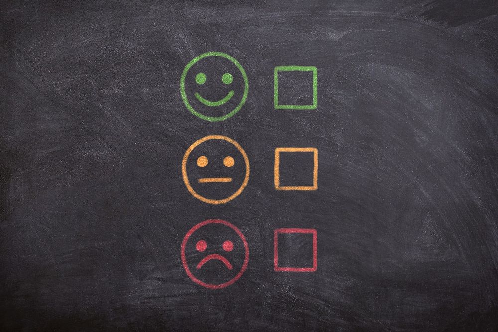 Dekoratives Bild: Smileys mit verschiedenen Gesichtsausdrücken (positiv, neutral, negativ) vor Checkboxen