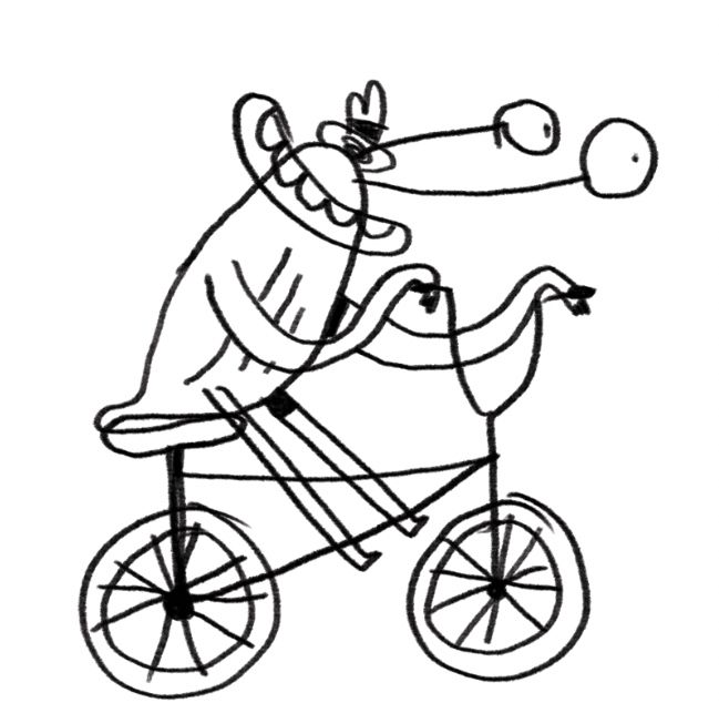 It's Doug Slugman, my detective slug character for The Phoenix kids comic, he's riding a bike. The bike is the most realistic bicycle drawing you've ever seen.