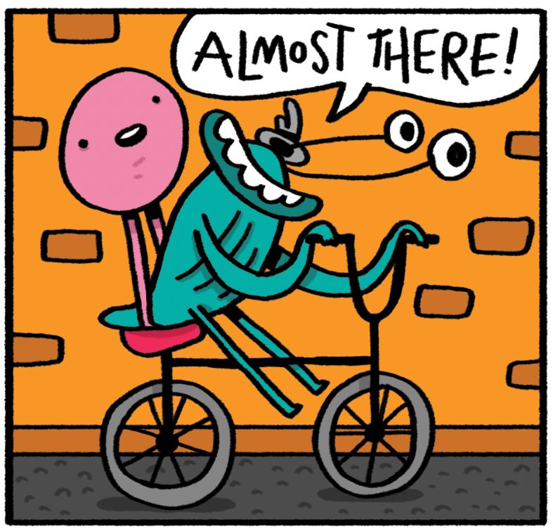 A photo realistic bicycle being ridden by famous detective Doug Slugman, and some pink blob creature.