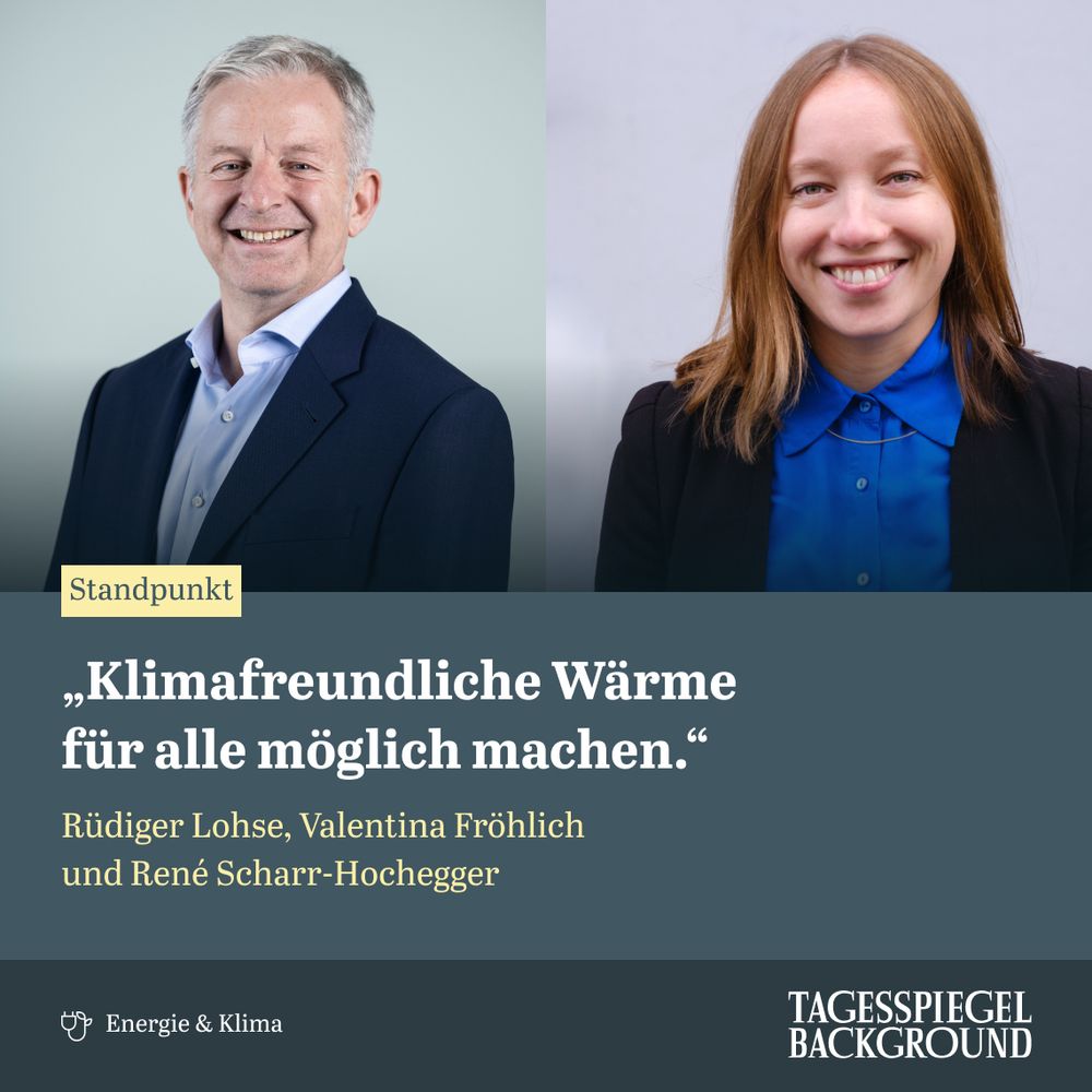Titel des Standpunkts von Rüdiger Lohse, Valentina Fröhlich, René Scharr-Hochegger, Deutsche Unternehmensinitiative Energieeffizienz EDL_Hub: "Klimafreundliche Wärme für alle möglich machen". Auf dem Bild sieht man Rüdiger Lohse und Valentina Fröhlich. Aus dem aktuellen Briefing Energie & Klima.