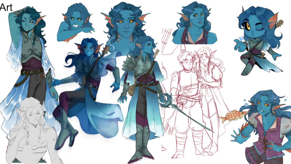 Various drawings of a sea elf with blue skin and yellow eyes