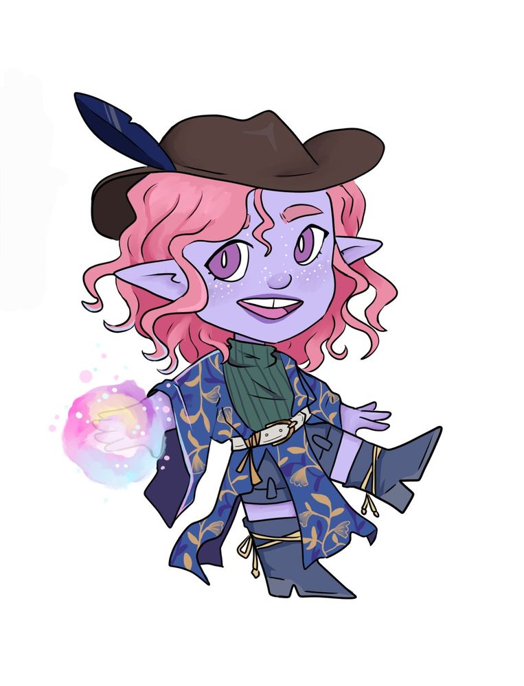 Chibi of a purple skinned pink haired elf