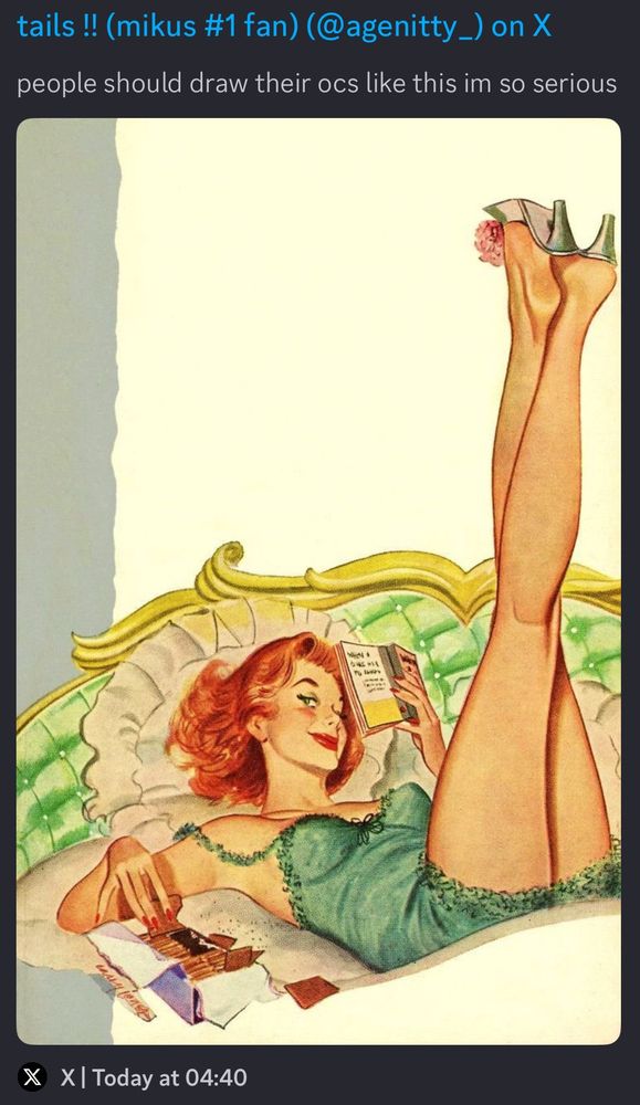 A screenshot of a twitter pose asking people to draw their OC's in this vintage pin up pose