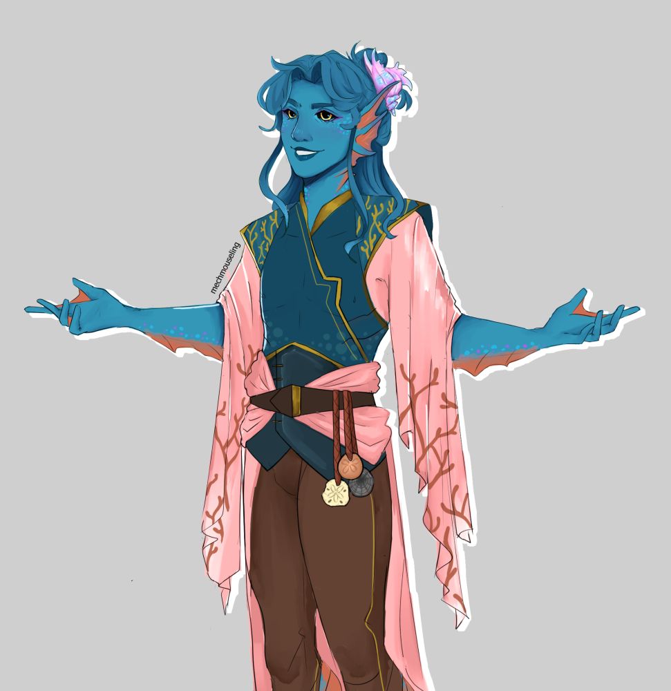 A knee up image of a sea elf. He has a shell hair clip, a blue vest and multiple layers of pink cloth with a coral pattern on them. 
