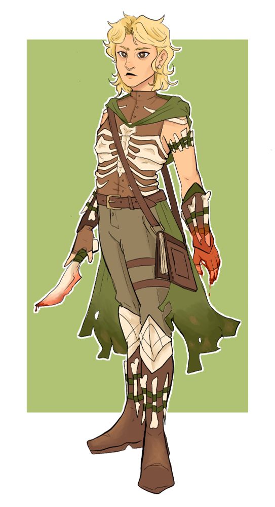 A drawing of a human necromancer. She has a blonde wolf cut mullet and dark brown eyes. She has light skin. Her clothing is a mix of green and brown tones and adorned with many bones. Her right hand is covered in blood and she has a bone dagger in her left.