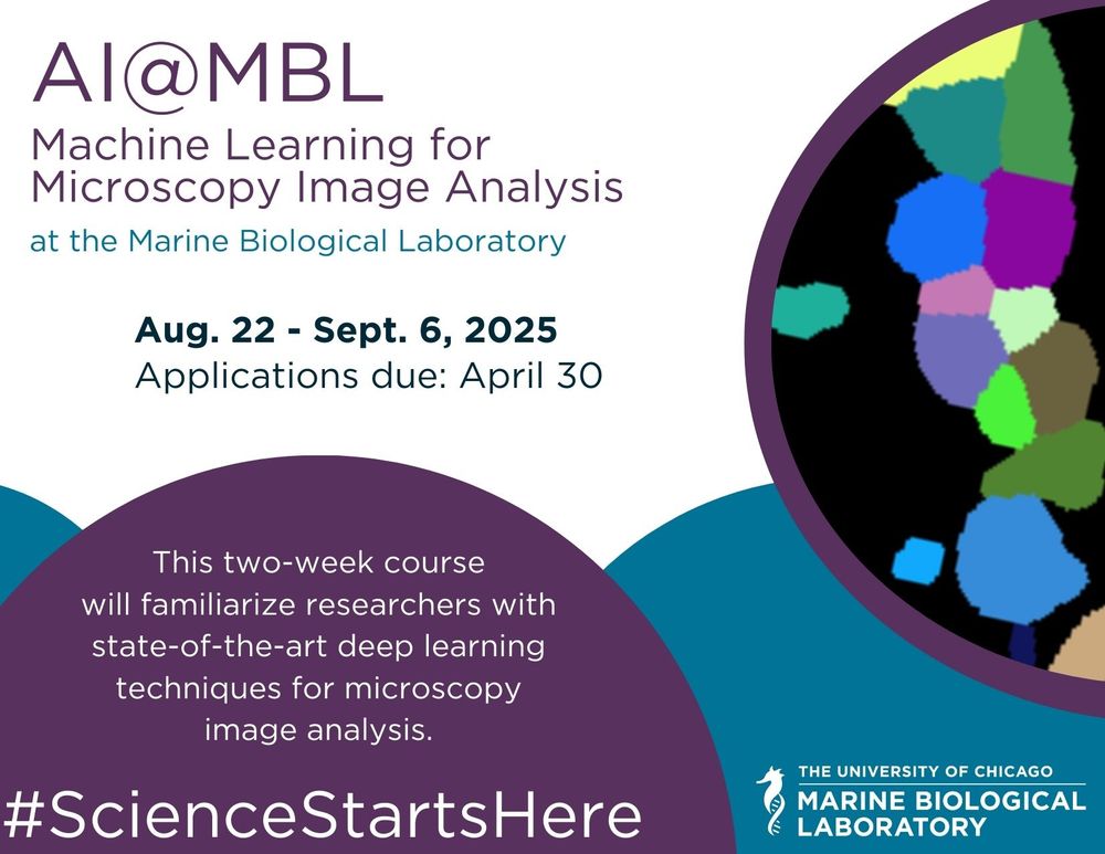 A promotional flyer for the AI@MBL: Machine Learning for Microscopy Image Analysis course at the Marine Biological Laboratory. Course dates are Aug 22 to Sept 6, 2025, with applications due April 30. The image includes a brief paragraph: "This two-week course will familiarize researchers with state-of-the-art deep learning techniques for microscopy image analysis." The image also includes the hashtag #ScienceStartsHere, a logo for the MBL, and an abstract image with different colored blobs.
