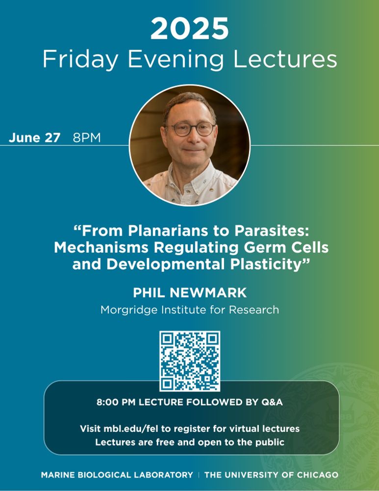 A flyer for one of the events in the 2025 Friday Evening Lectures series from the Marine Biological Laboratory. It features event details as well as a headshot of the speaker, Phil Newmark.