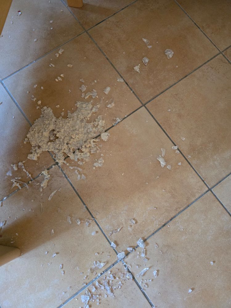 Eine runtergefallene Schüssel mit Porridge liegt auf dem Fliesenboden. Überall kleine Scherben.