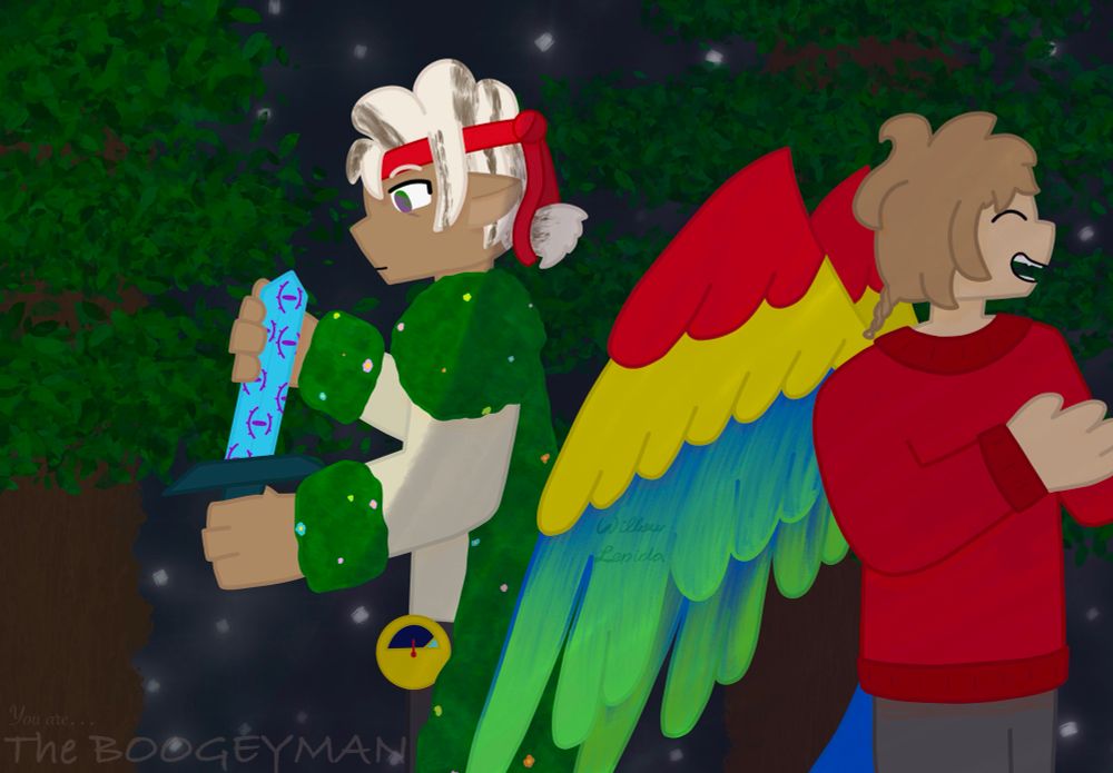 Bdubs stands looking down at a diamond sword, watcher’s eyes reflecting from its surface. His eyes are wide and tired. Grian stands behind him in shadow, talking with someone out of frame with his arms bent at the elbow and slightly raised. His eyes are closed, mouth open in a smile. His wings flare slightly outwards, barely covering Bdubs’s moss cloak. In the background are spruce trees, along with a starry night sky. In the bottom left corner reads ‘You are… The Boogeyman’.