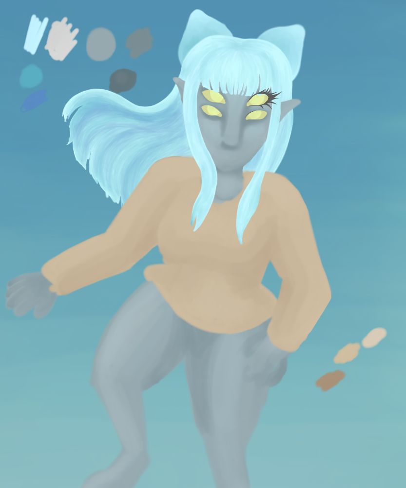 A four eyed Lycan lady blue mint blue hair and yellow eyes 