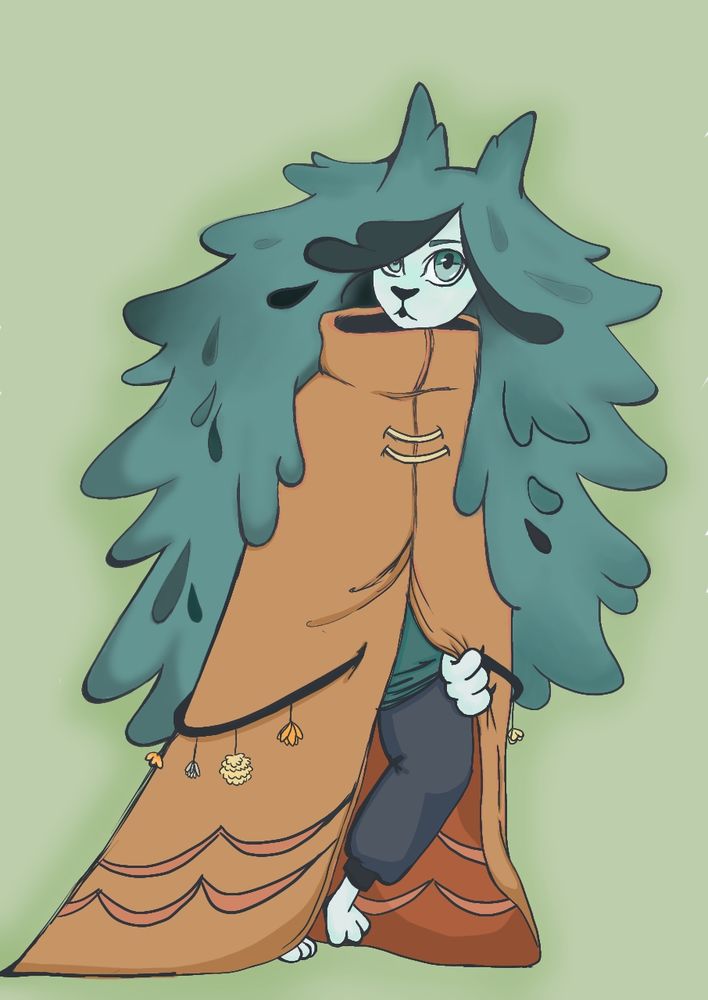 A cat lady that has big blue/green hair with a big tan cloak wrapped around her