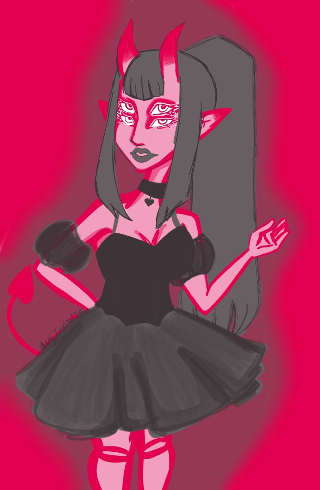 A mostly bright red demon with four eyes and little horns with a heart shaped tail 
They where a black outfit thats kind of like a ballerina dress along with a heart choker 