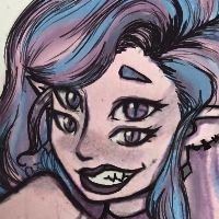 Four-eyed fem-presenting person in blue and purples, they have pointy ears as well and sharp teeth and slit eyes 
She has a cocky grin on their face 
