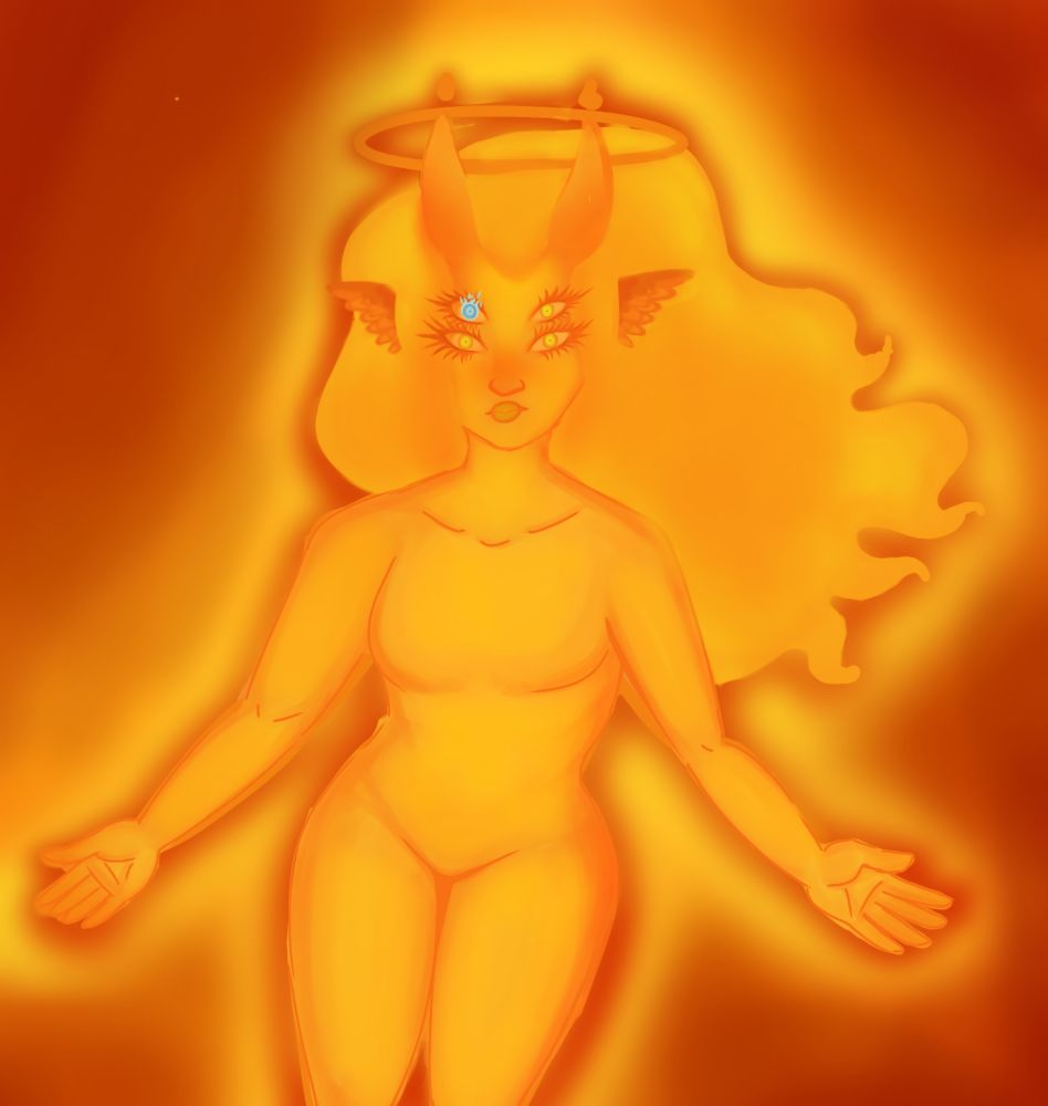 Hellena (a four eyed fem-presenting demon with horns) in all orange and red looking like flames, they have feather ears and a halo and flames surrounding them. 