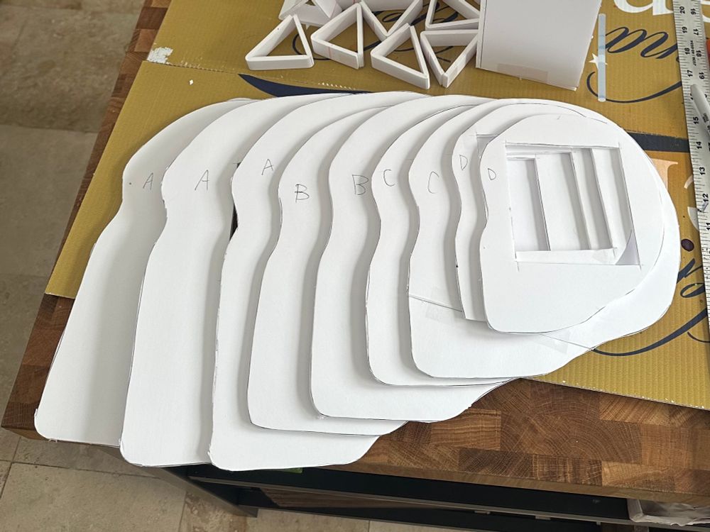 An bunch of slices of foam board stacked and fanned out; they are all the rough shape of a head in profile, with larger versions to the left and they get much smaller toward the right. 