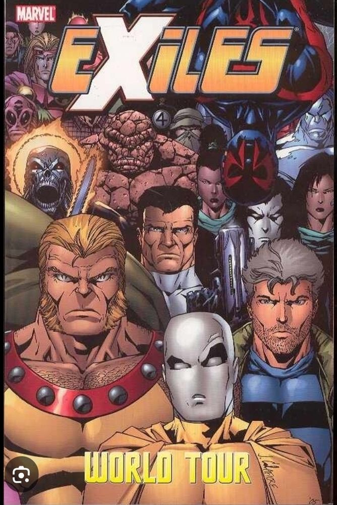 Cover of Exiles World tour. Various Marvel characters from multiple timelines including 2099, and The Age of Apocalypse pise for the cover. 