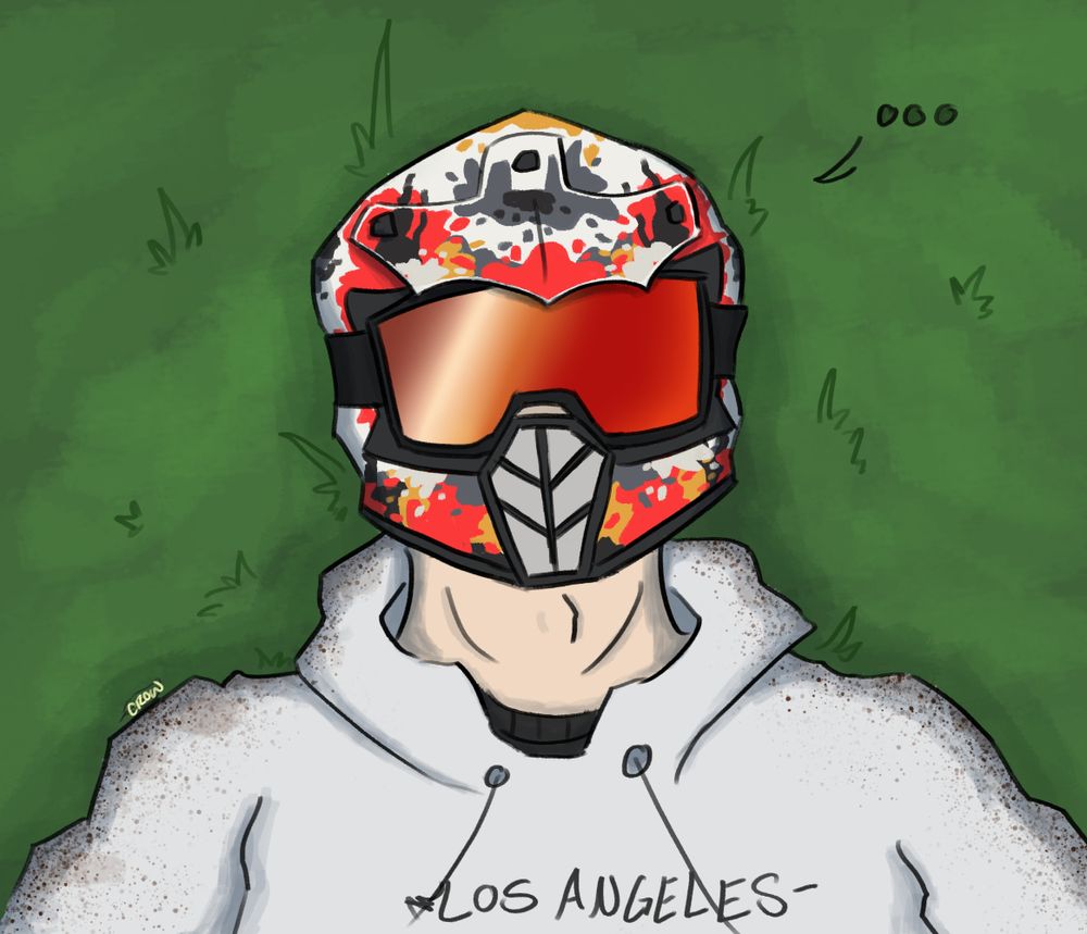 A digital drawing of a teenage boy with a dirt bike helmet laying in the grass