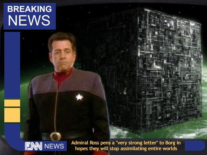 Federation News Network screen showing Admiral Ross on the left and a Borg Cube hovering over an assimilated planet. At the bottom the news chyron features the FNN News logo and the words “Admiral Ross pens a ‘very strong letter’ to Borg i. Hoped they will stop assimilating entire worlds” 