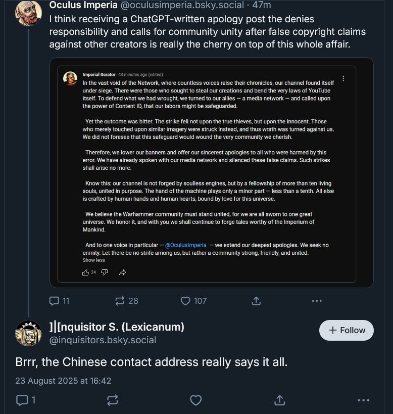 screenshot of @ainquisitors.bsky.social posting, in reply to Oculus Imperia (who is blameless in this) talking about a youtube channel abusing AI content 