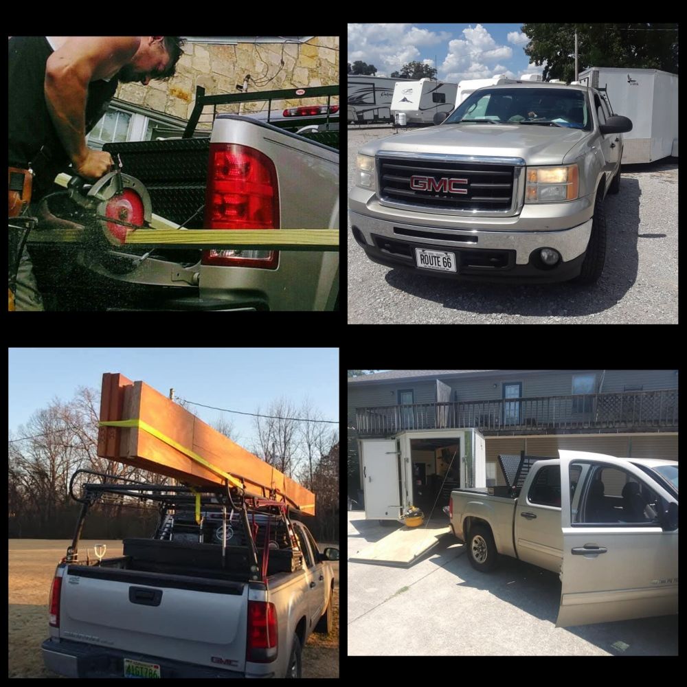 4 shot collage of golden GMC carrying LVL beams, pulling work trailer & cutting 2 by 4 on tailgate.