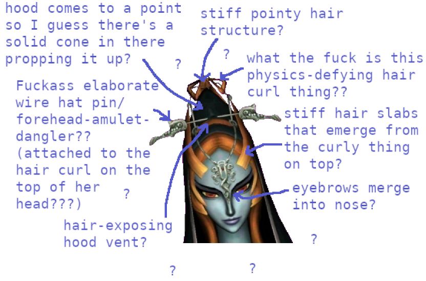 Shot of trueform Midna's head, pointing out all the strange things on it:
-stiff pointy hair structure?
-what the fuck is this physics-defying hair curl thing??
-stiff hair slabs that emerge from the curly thing on top?
-hood comes to a point so I guess there's a solid cone in there propping it up?
-Fuckass elaborate wire hat pin/forehead-amulet-dangler?? (attached to the hair curl on the top of her head???)
-hair-exposing hood vent?
-eyebrows merge into nose?