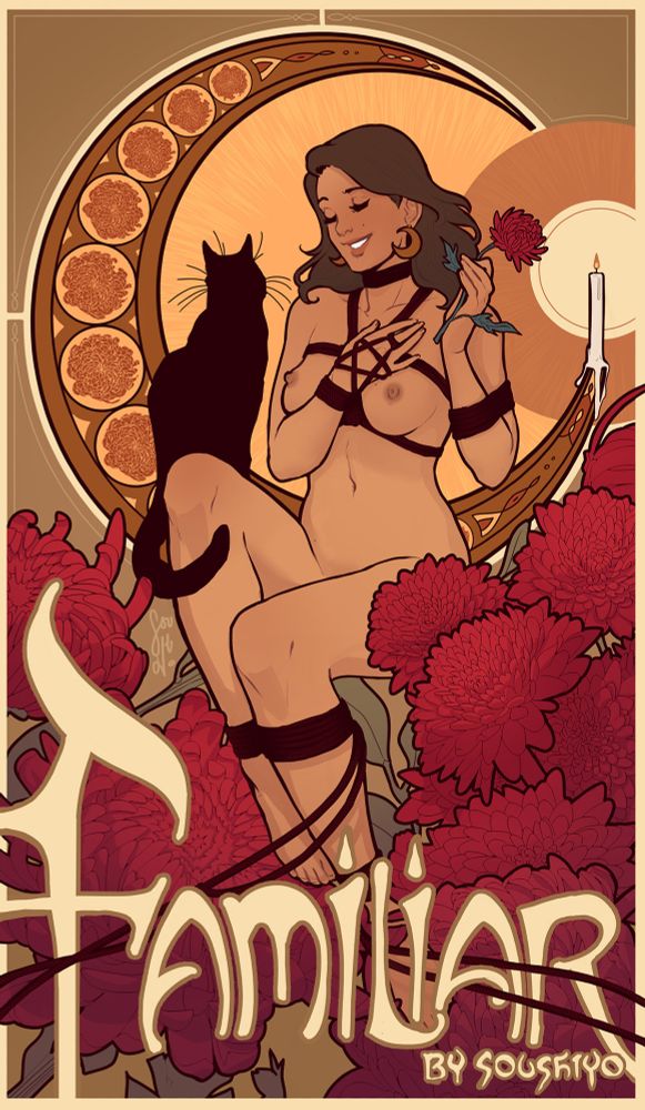 Vertical art-nouveau inspired illustration of Diana from Soushiyo's Familiar, nude except for black rope bondage, seated in a field of crimson chrysanthemums. Jack in his cat familiar form perches on her knee.