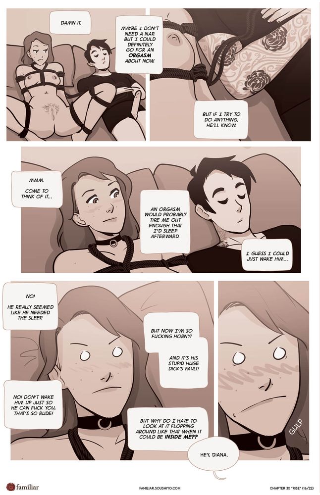 (continued) Diana has an internal monologue about being horny about Jack's nap-boner. He wakes up at the end