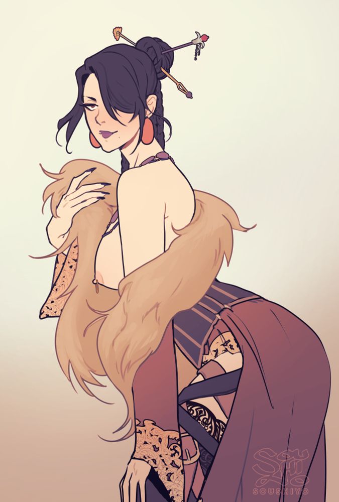 Fanart of Lulu from FFX exposing her breast with a calm and knowing expression